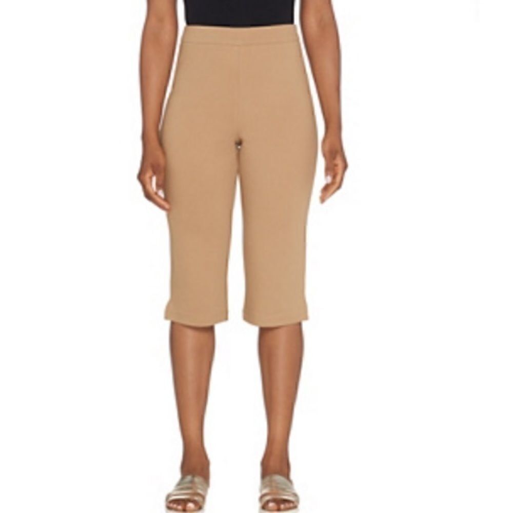 Joan Rivers Signature Ponte Knit Pull-On Khaki Slim Leg Capri Pants w/Side Slits